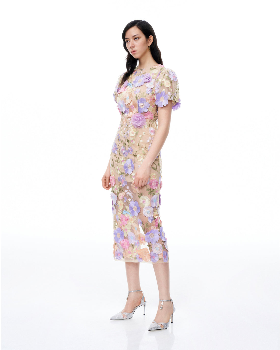 Alaric Round Neck 3D Floral Embroidered Maxi Dress - Pastel Multi