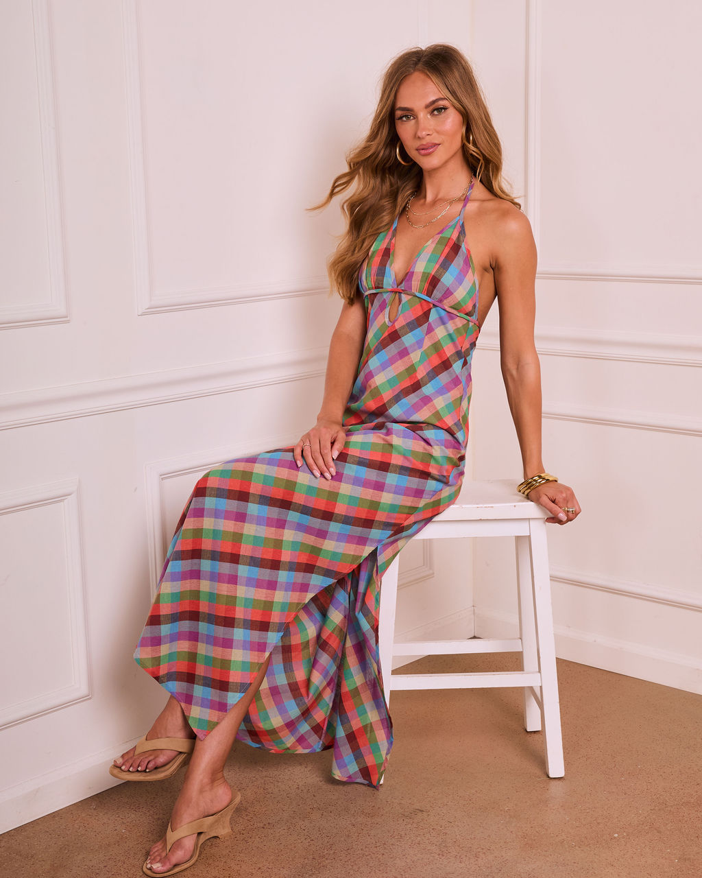 Serene Renewal Plaid Slip Halter Neck Maxi Dress