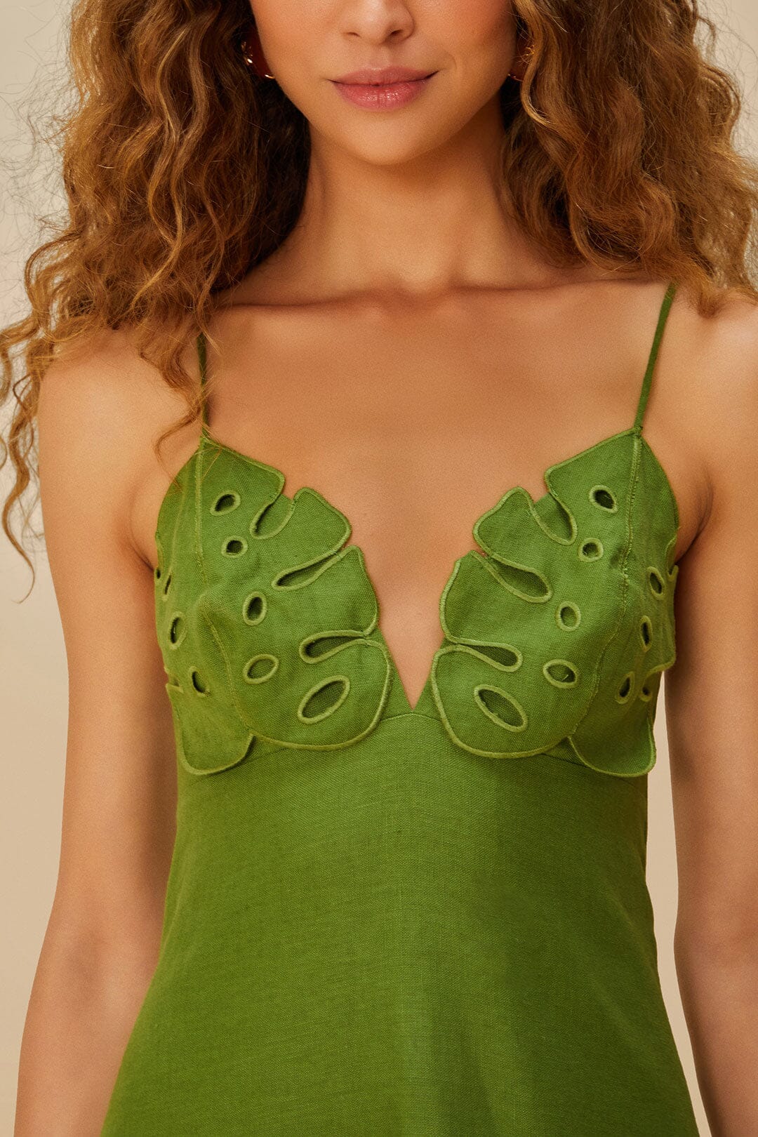 Green Monstera Embroidered Midi Dress