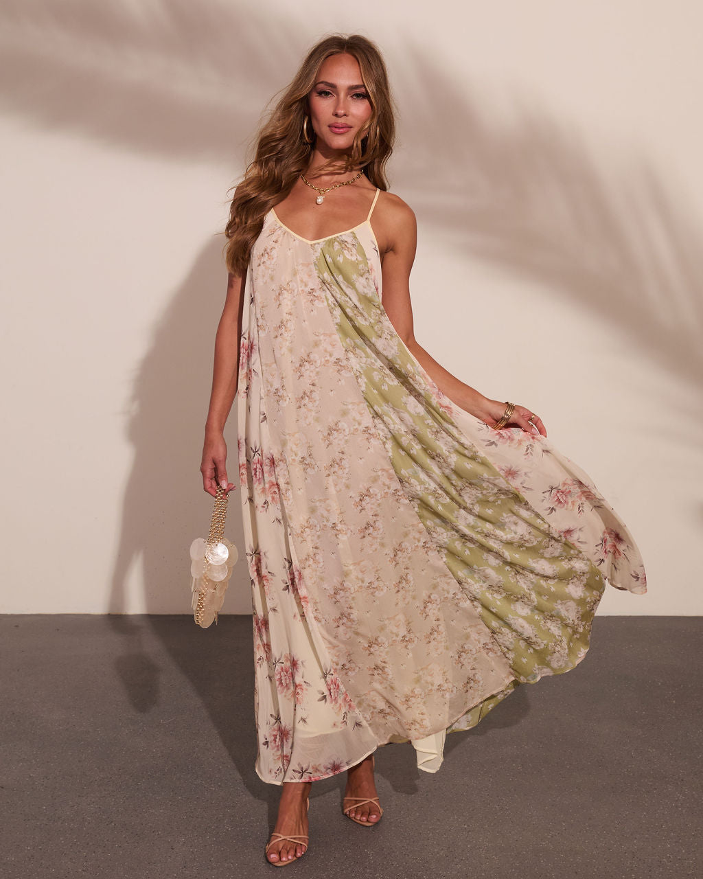 Daytime Glow Floral Color Block Maxi Dress