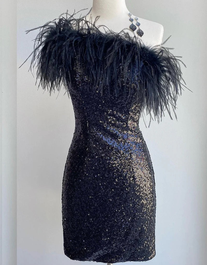 Sheath/Column One-Shoulder Sleeveless Short/Mini Party Dance Homecoming Dress With Feathers