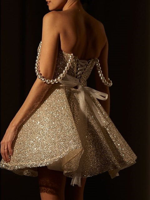 A-Line/Princess Homecoming Dresses Spaghetti Straps Sleeveless Short/Mini Party Dance Cocktail with Glitter