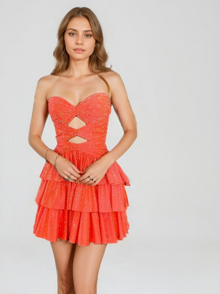 A-Line/Princess Strapless Sleeveless Short/Mini Homecoming Dresses with Rhinestones & Ruffles
