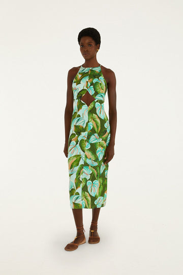 Green Anthurium Leaves Cut-Out Midi Dress