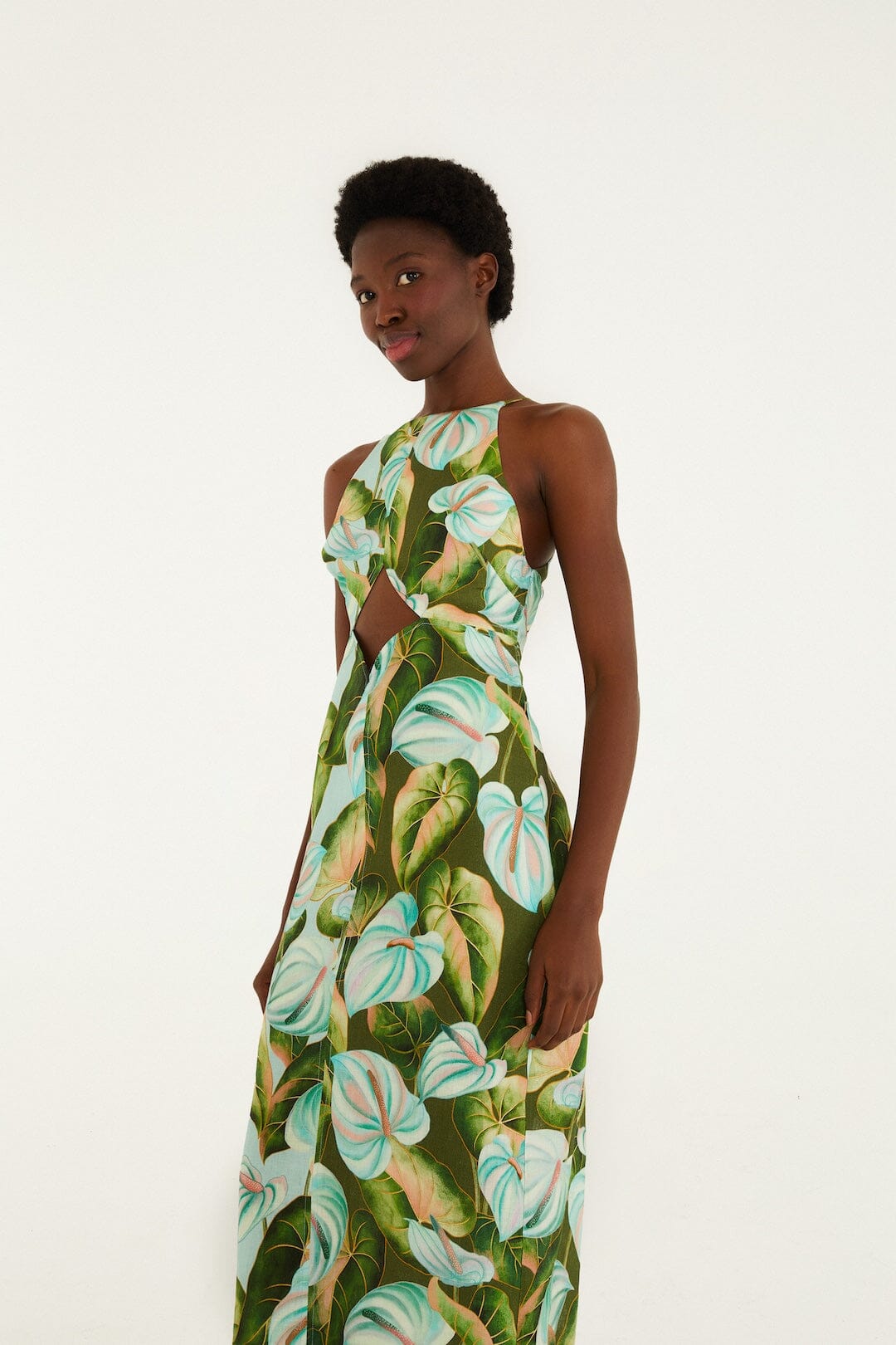 Green Anthurium Leaves Cut-Out Midi Dress