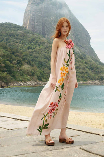 Pink Garden Terrace 3d One-Shoulder Maxi Dress