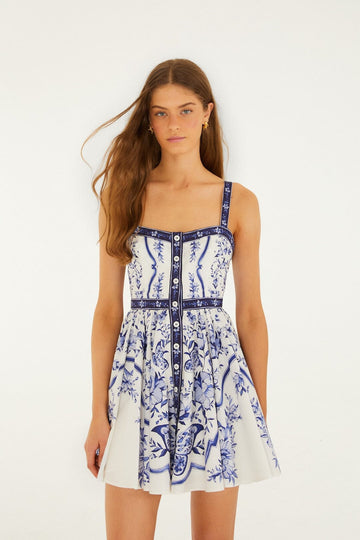 Off-White Porcelain Garden Buttoned  Mini Dress