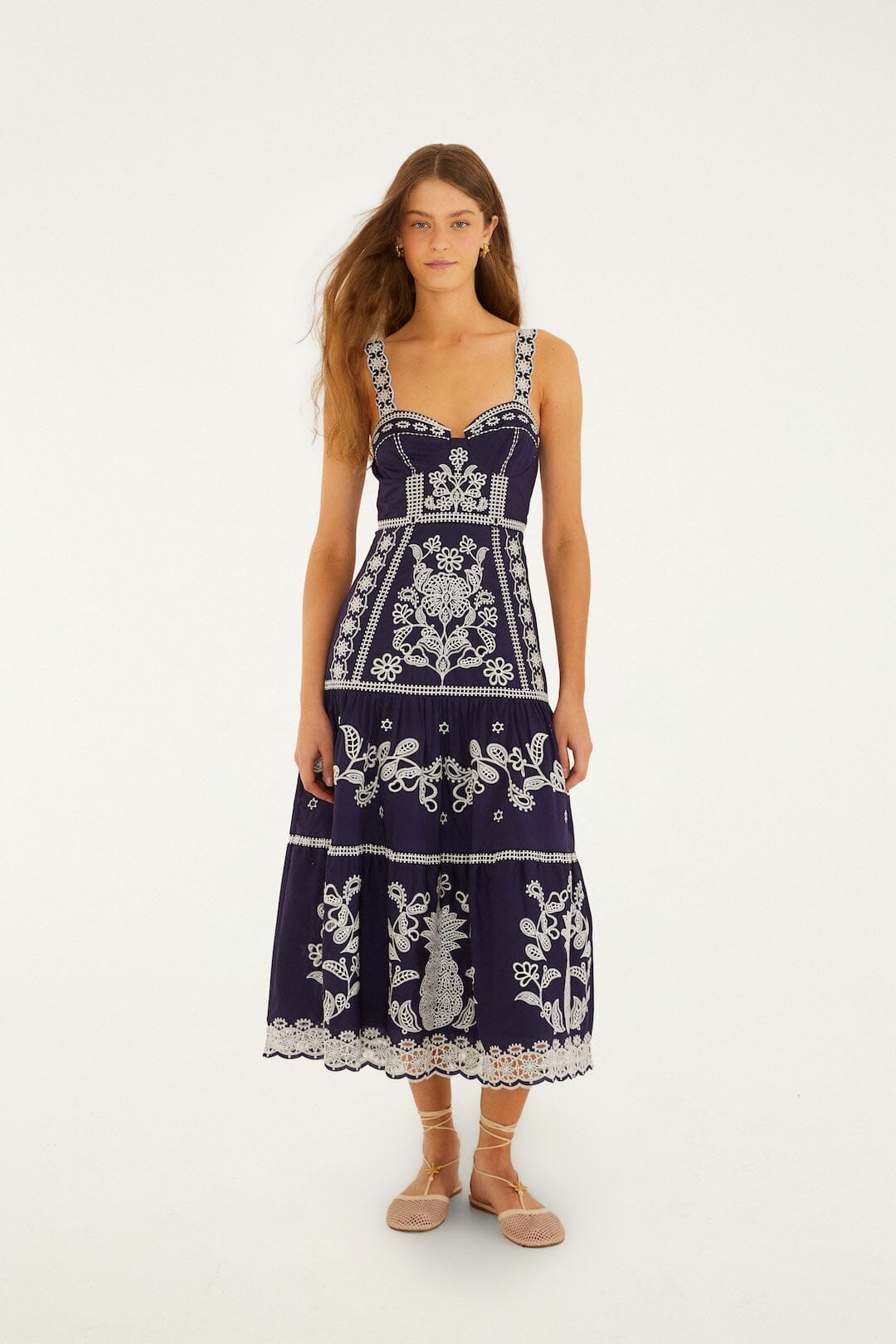 Blue Richelieu Embroidered  Midi Dress