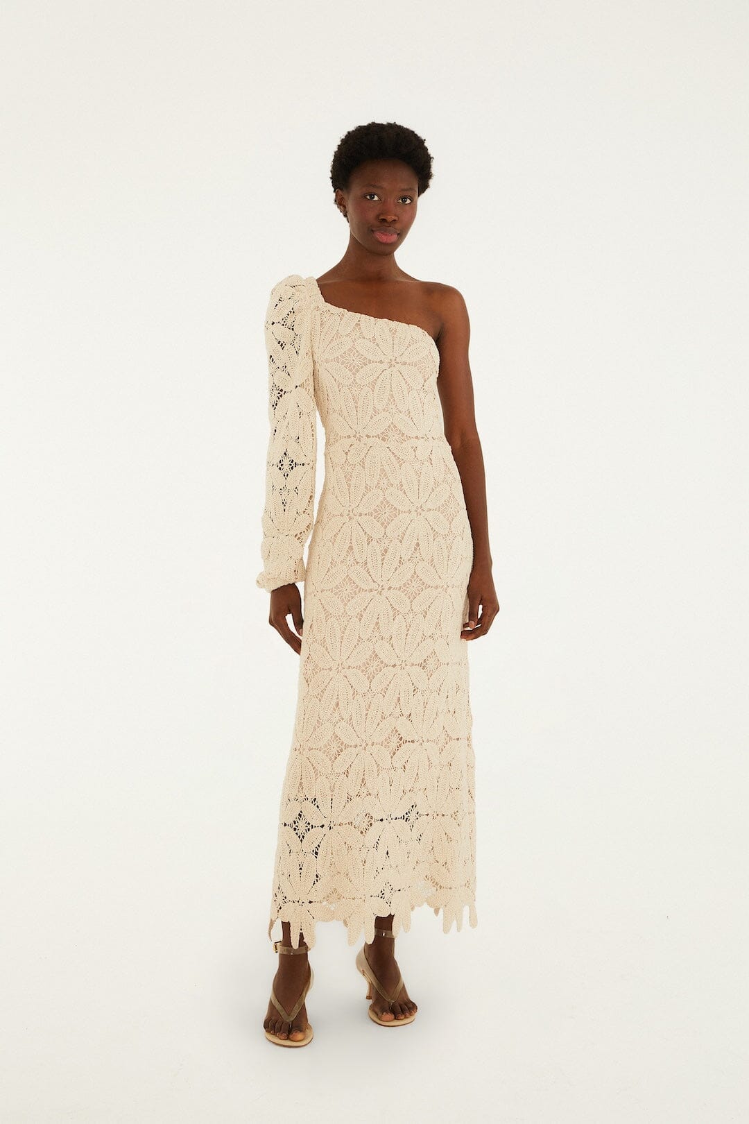 Off-White One-Shoulder Crochet Flower Maxi Dress