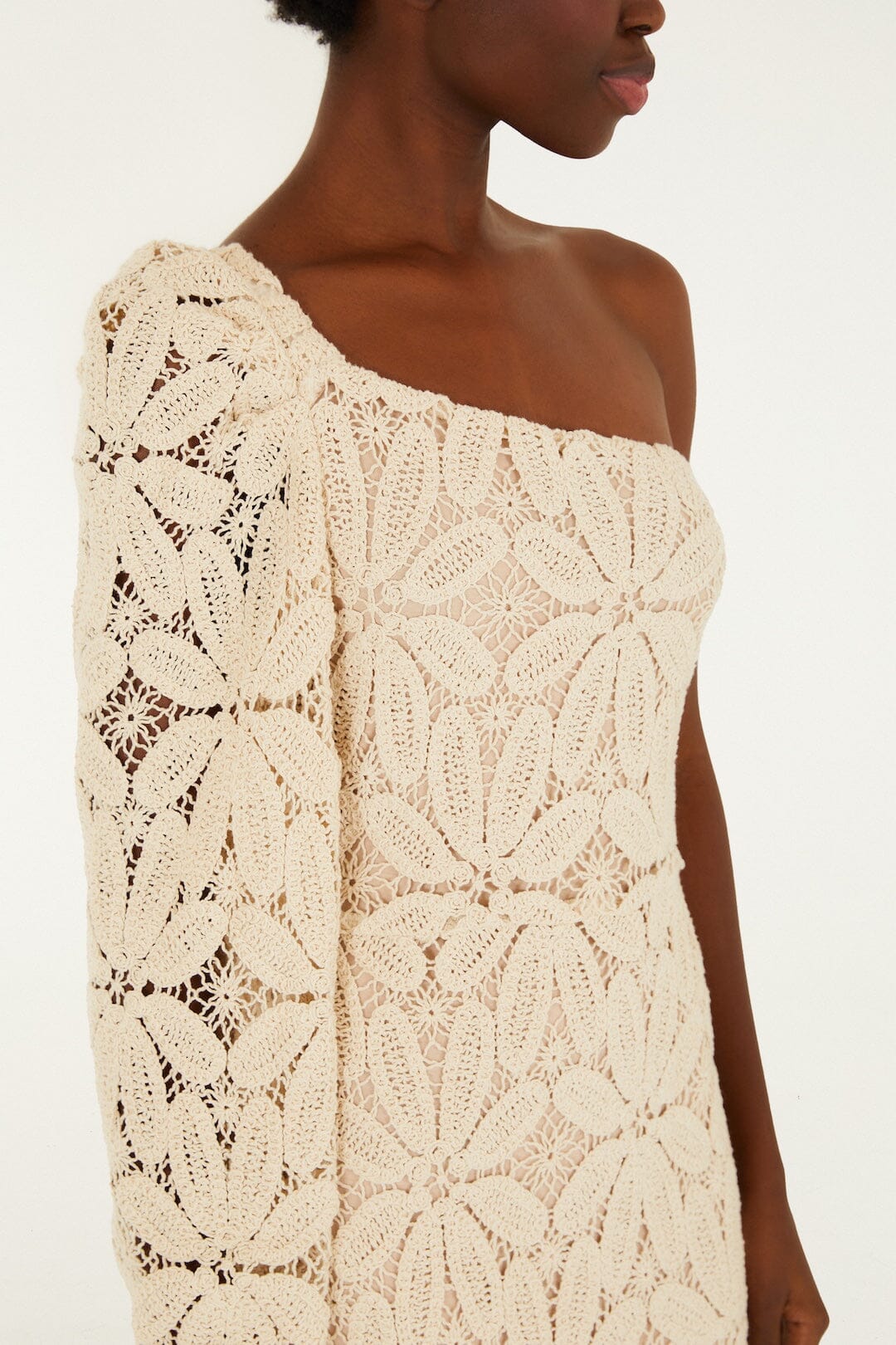 Off-White One-Shoulder Crochet Flower Maxi Dress