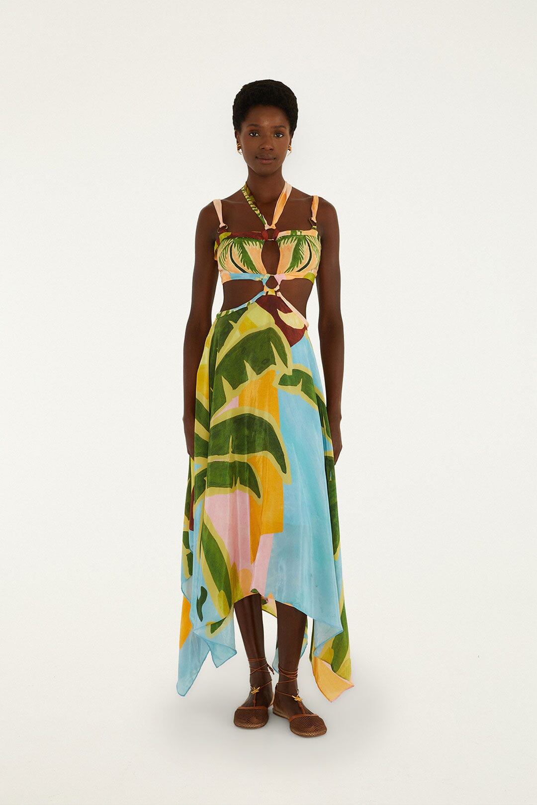Multicolor Tropical Painting Cut-Out Buckles Maxi Dress