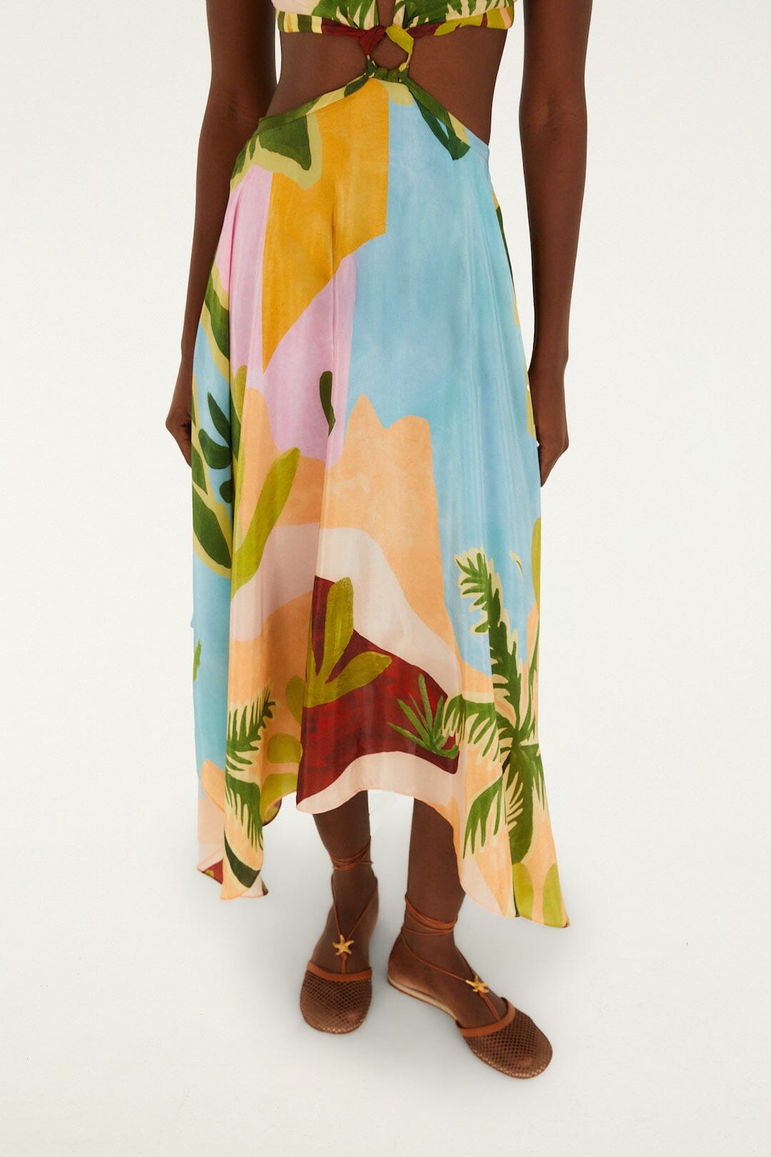 Multicolor Tropical Painting Cut-Out Buckles Maxi Dress