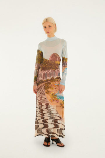 Multicolor Copacabana Beach Long Sleeve Maxi Dress