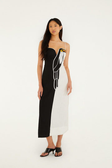 Black And White Embroidered Toucan Sleeveless Maxi Dress