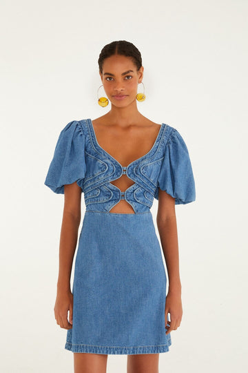 Denim Wavy Cut-Out Puff Sleeve Mini Dress