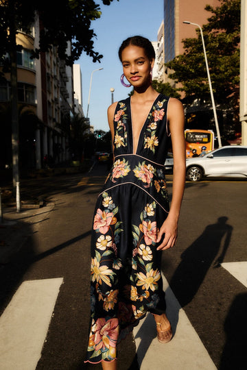 Dark Blue Maira Floral Midi Dress