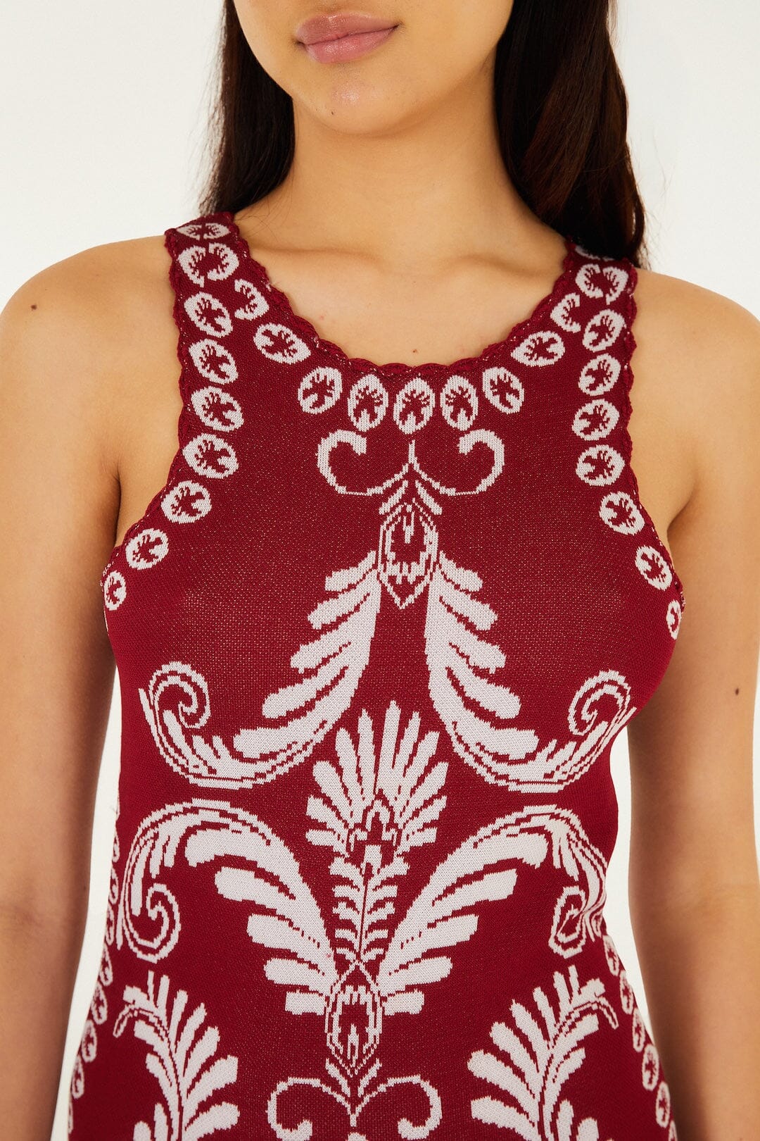 Burgundy Garden Tapestry Fringe Knit Dress