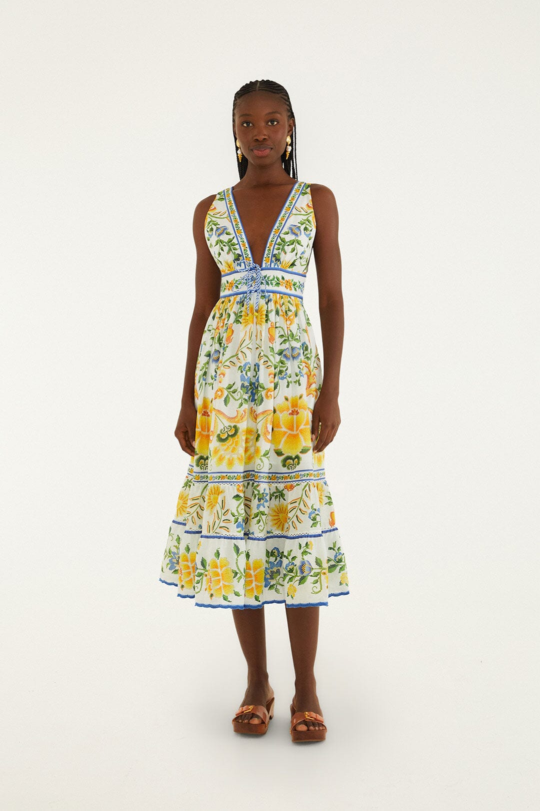 Off-White Emily Floral Tapestry Rope Ties Midi Dress
