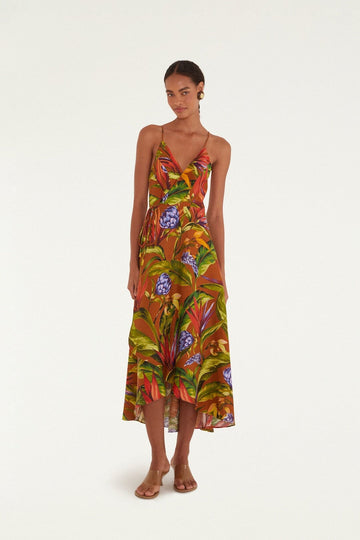 Brown Florart Midi Wrap Dress