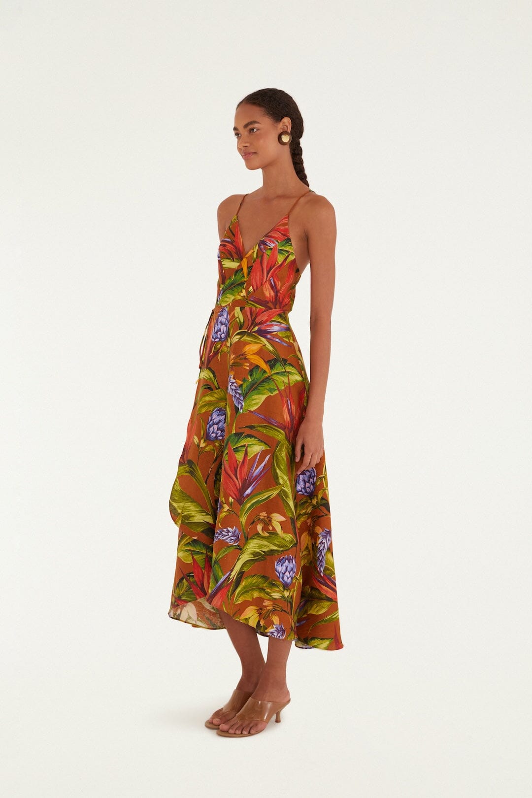 Brown Florart Midi Wrap Dress