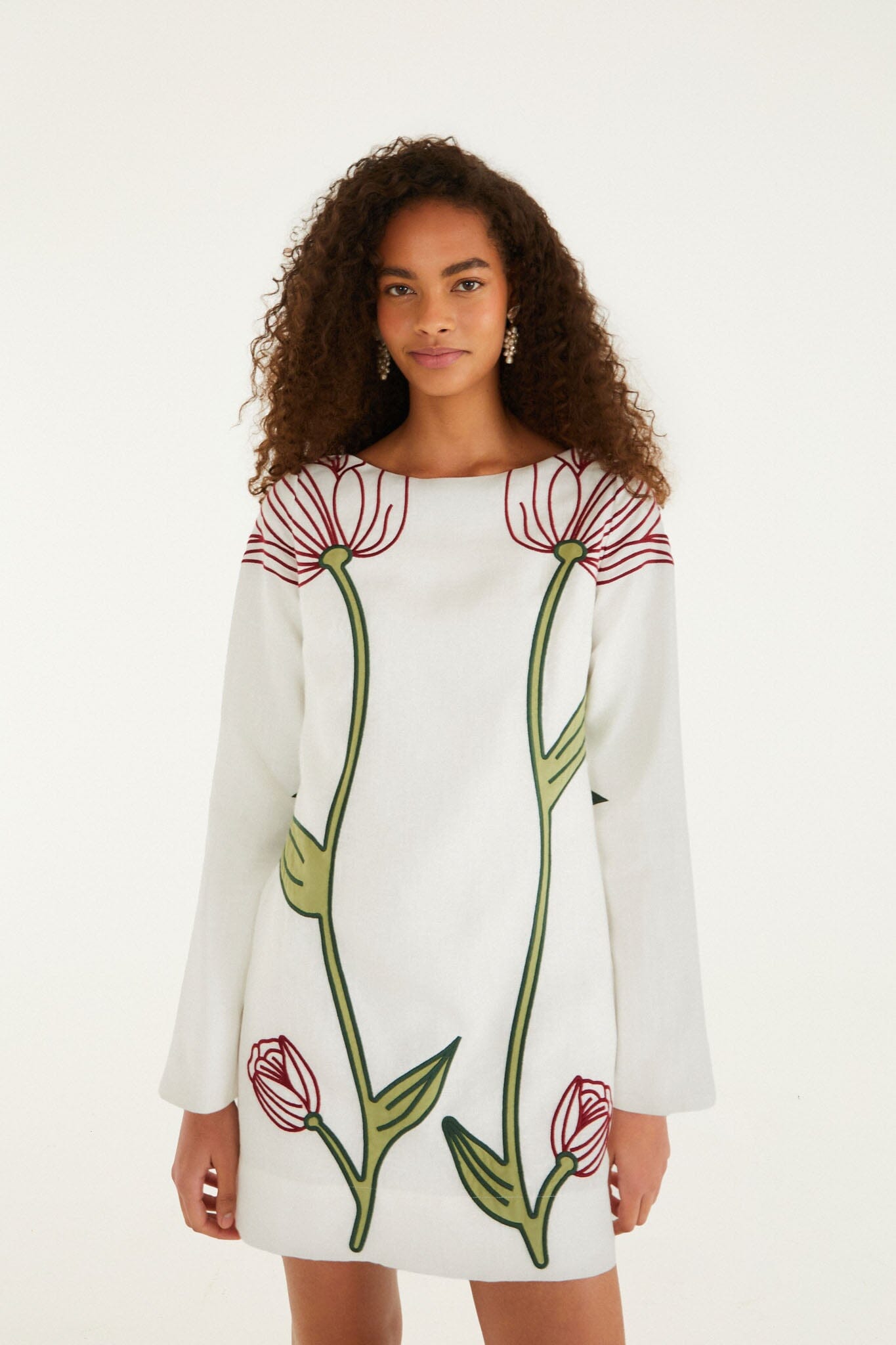 Off-White Flower Embroidered Long Sleeve Mini Dress