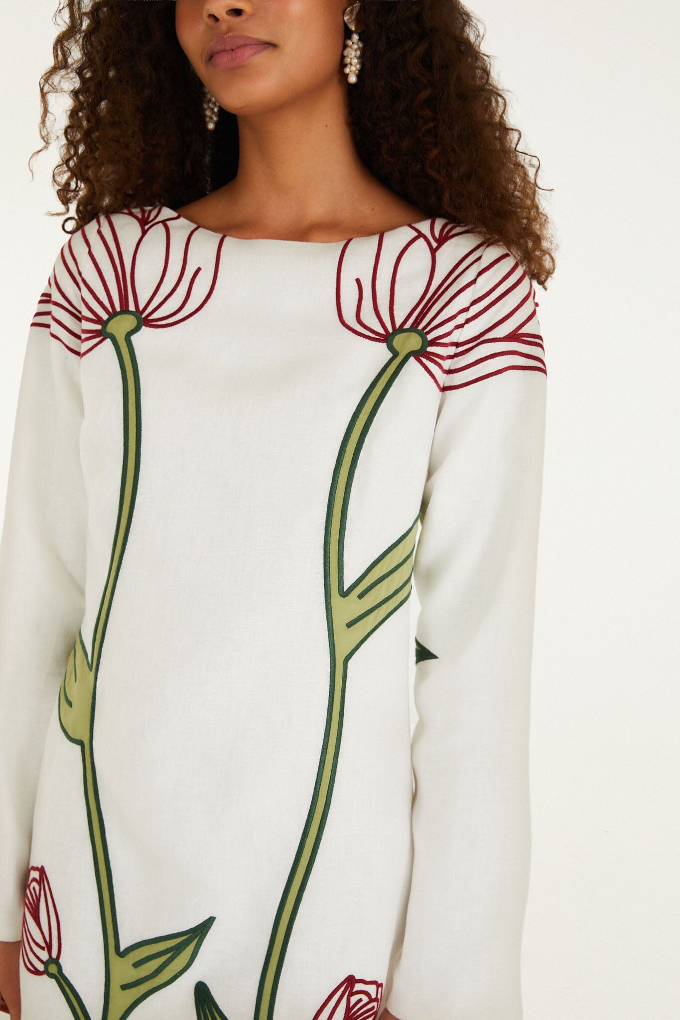 Off-White Flower Embroidered Long Sleeve Mini Dress