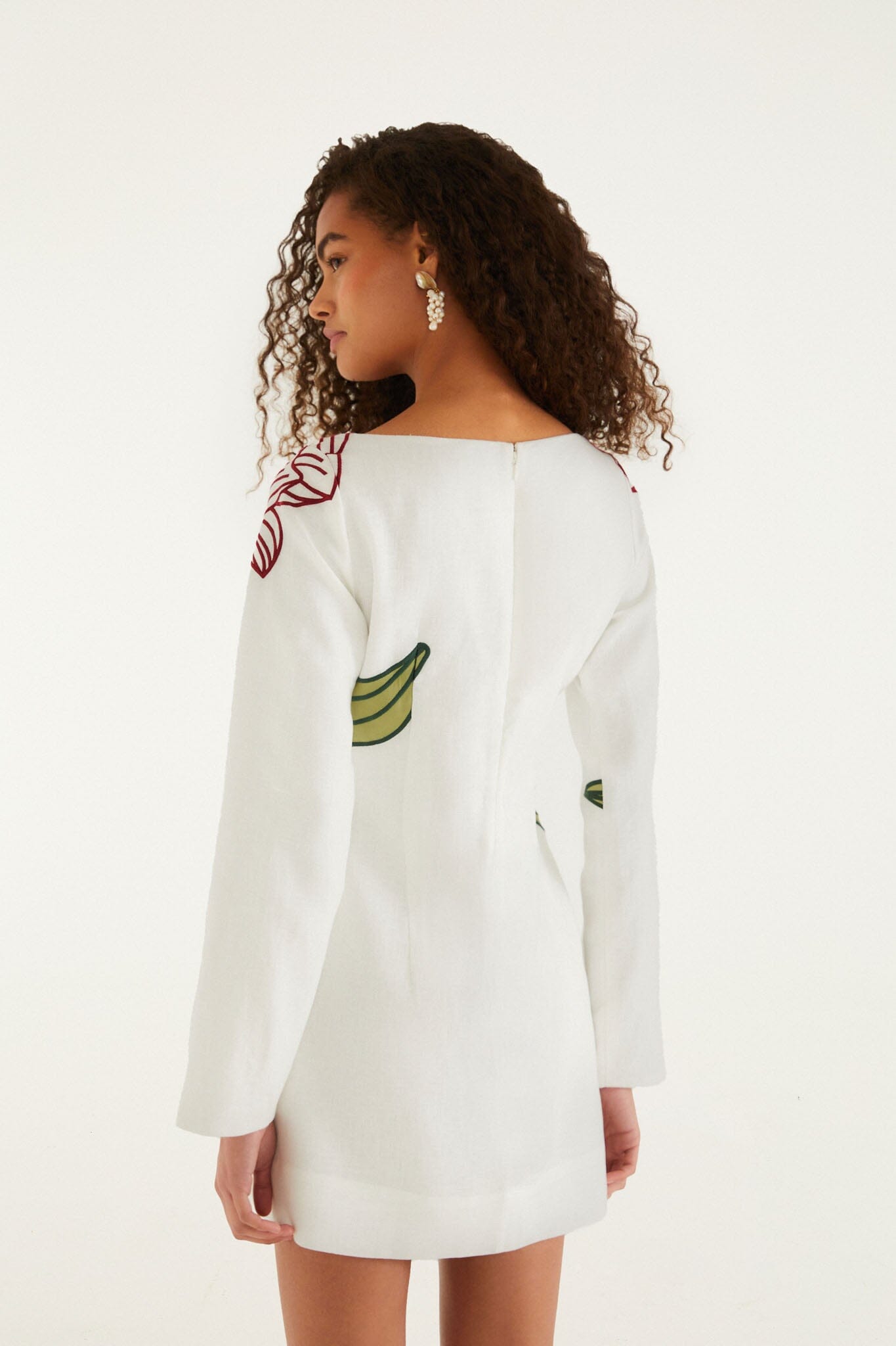 Off-White Flower Embroidered Long Sleeve Mini Dress