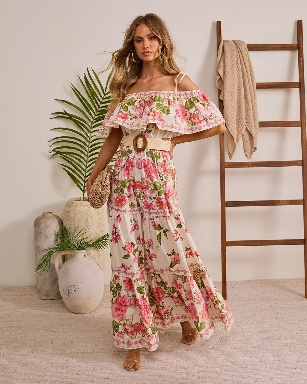 Morning Ease Belted Off The Shoulder Floral Maxi Dress