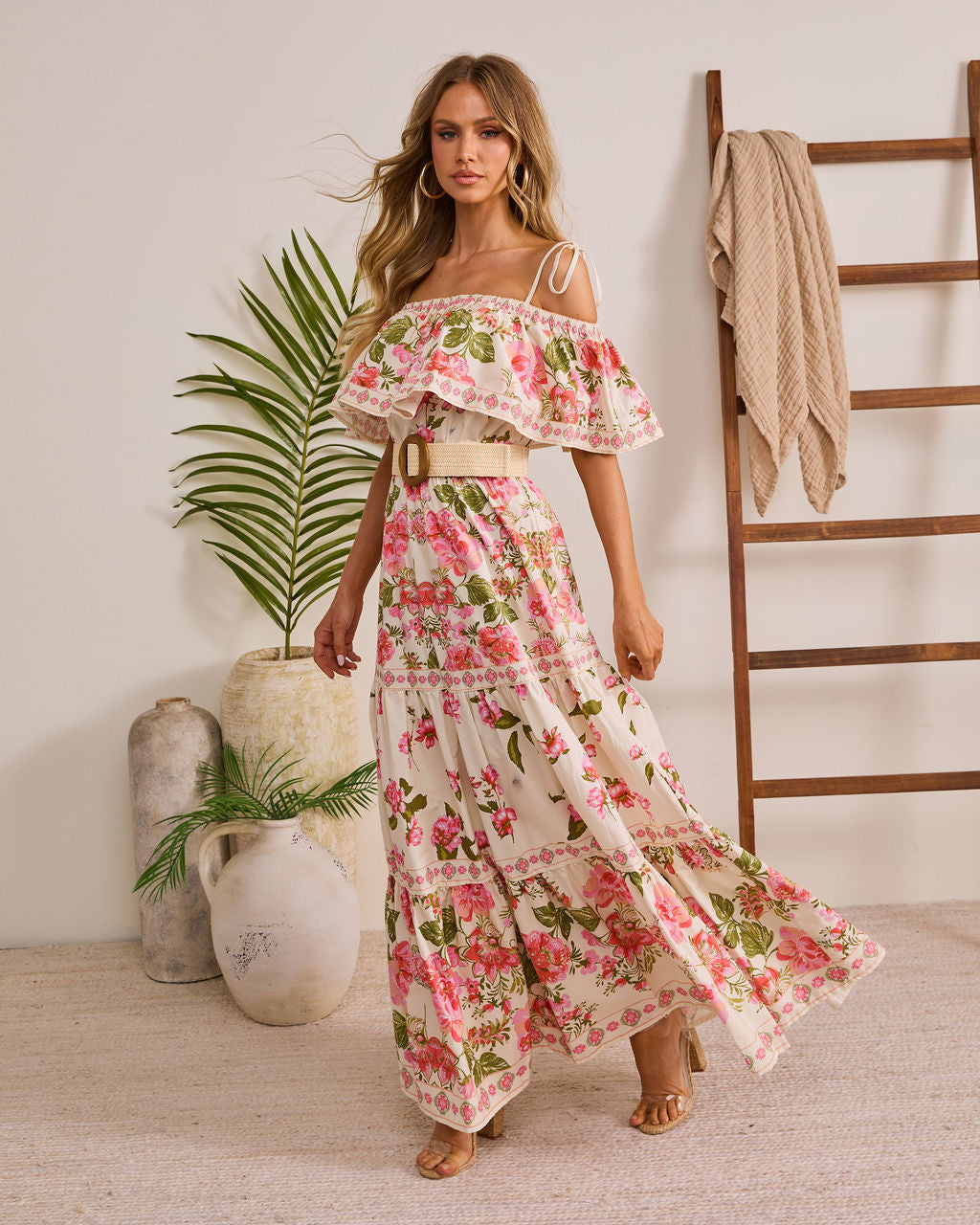 Morning Ease Belted Off The Shoulder Floral Maxi Dress