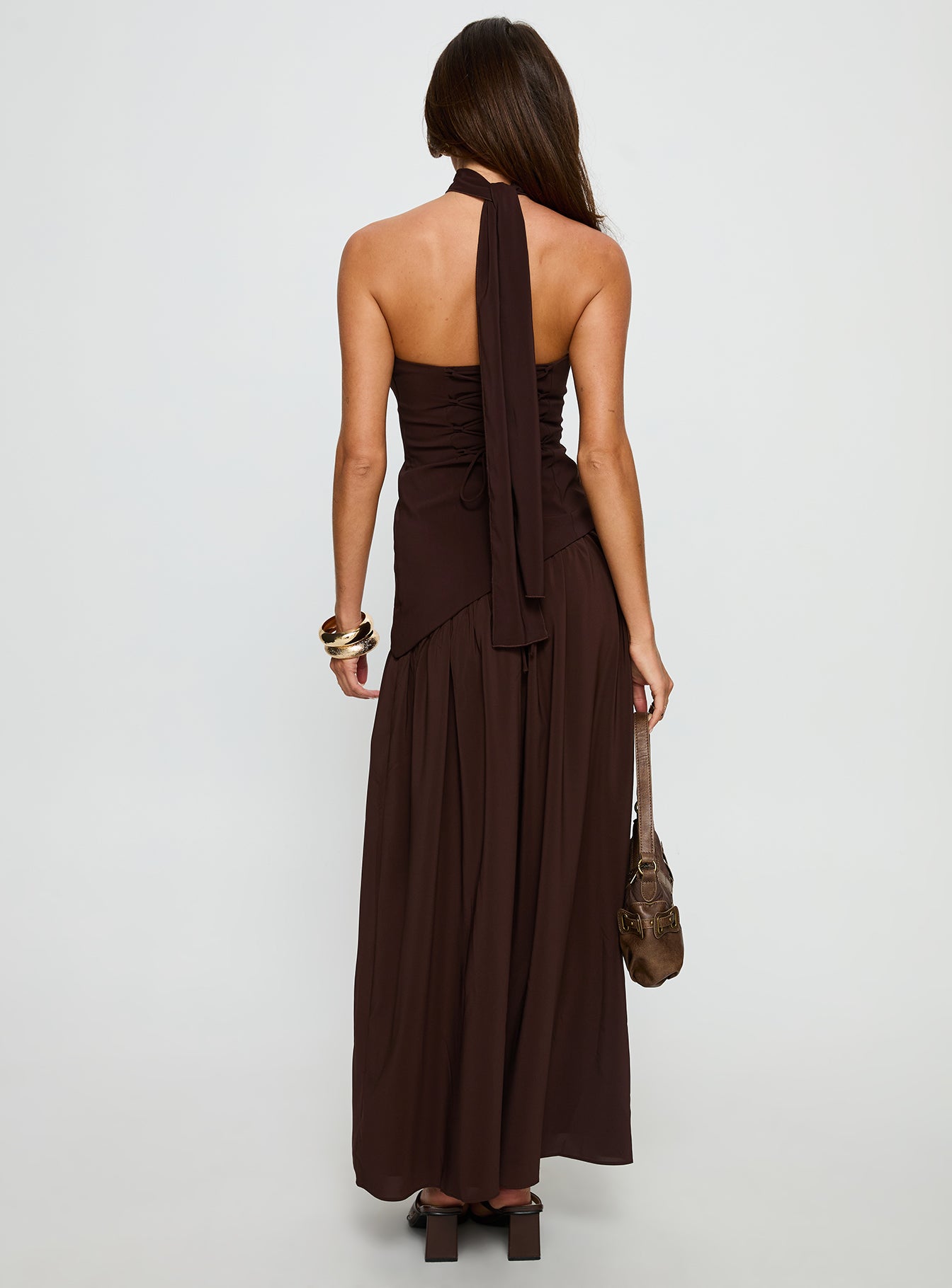 Odela Strapless Scarf Drop Waist Maxi Dress Chocolate