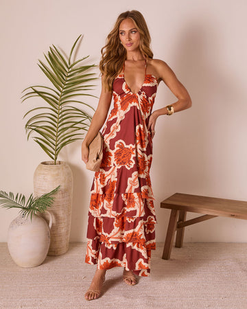 Tropical Tide Abstract Halter Maxi Dress