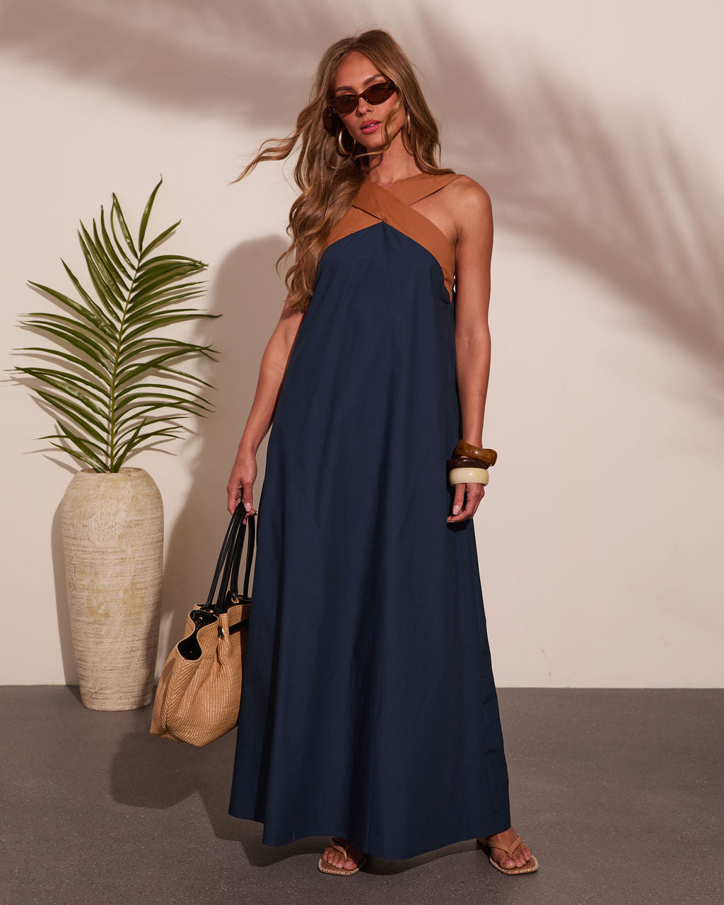 Barefoot Belle Cotton Contrast Halter Neck Maxi Dress