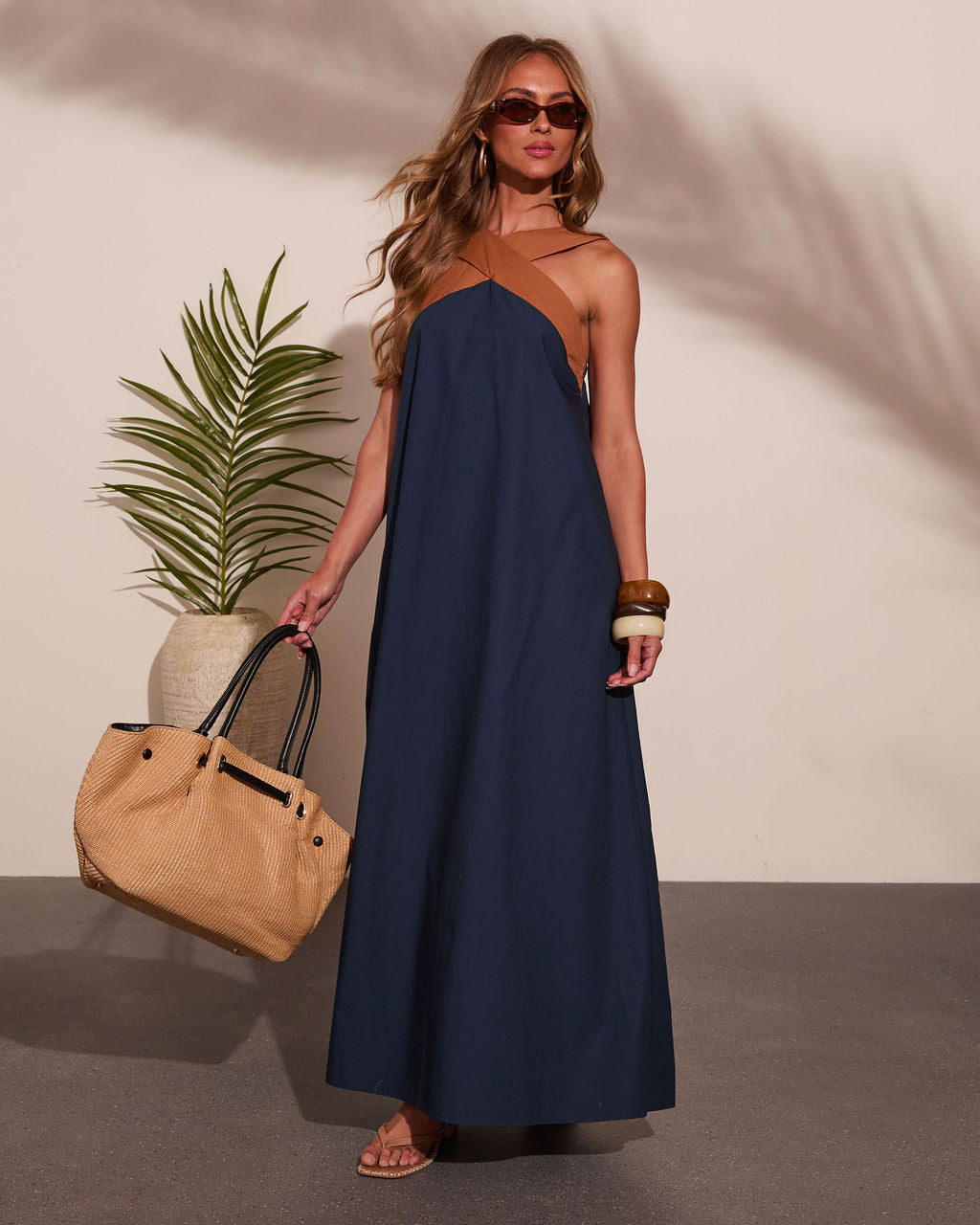 Barefoot Belle Cotton Contrast Halter Neck Maxi Dress