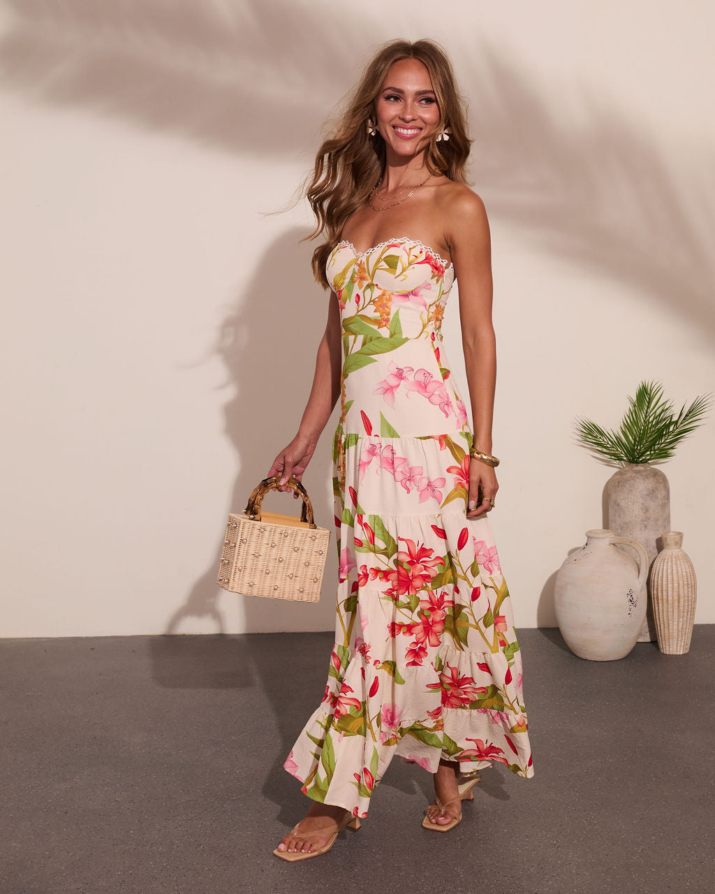 Tropic Mood Strapless Floral Print Maxi Dress