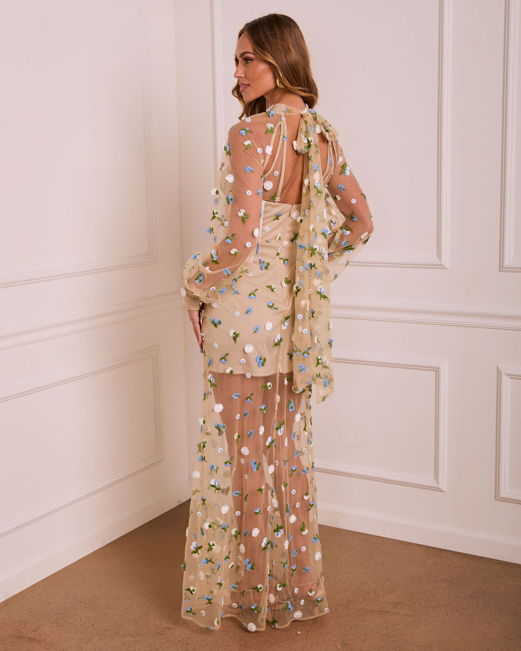 Bold Grace Floral Mesh Corset Maxi Dress