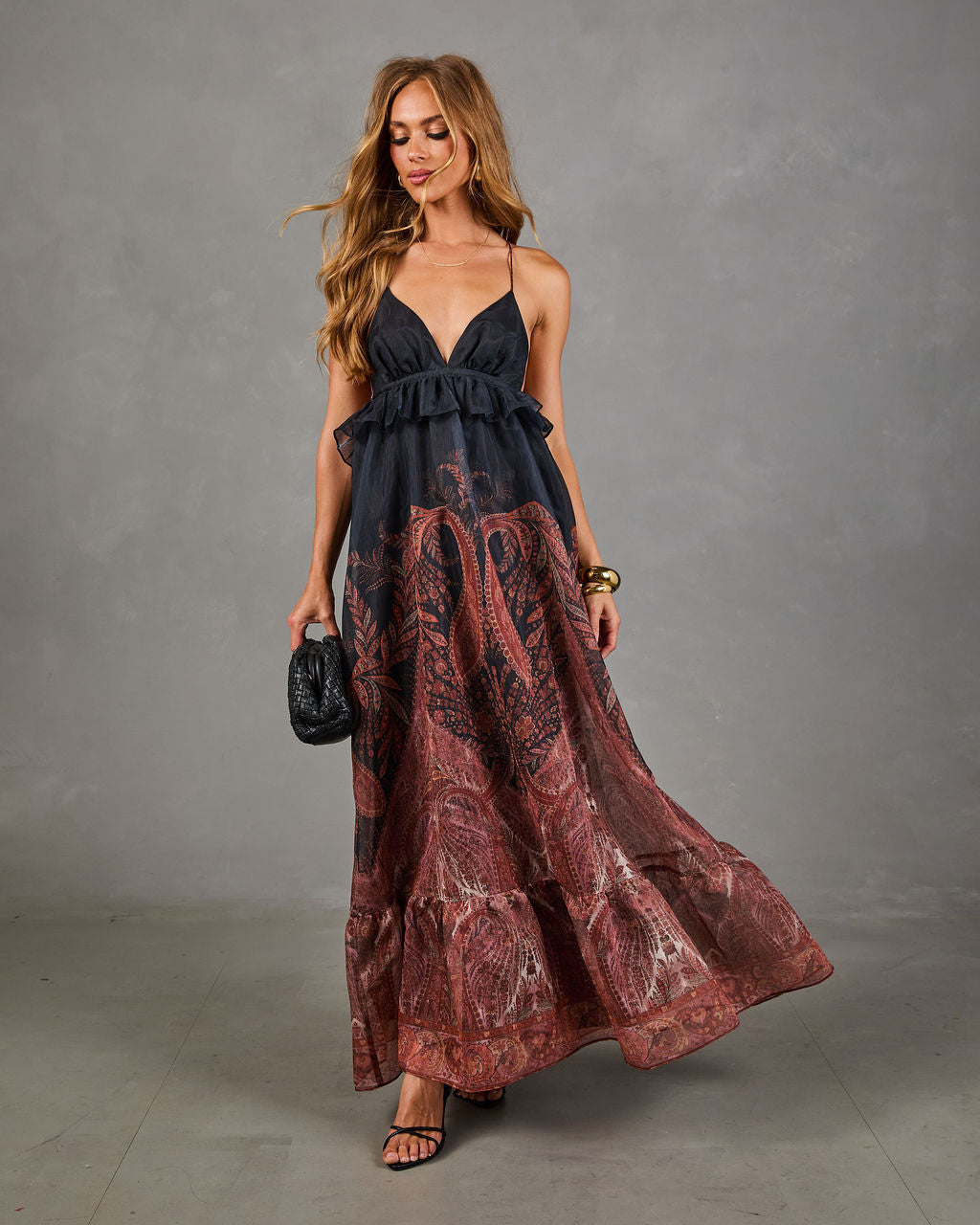 Mojave Muse Paisley Halter Neck Peplum Waist Maxi Dress