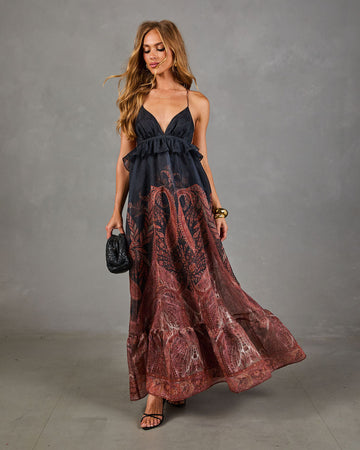 Mojave Muse Paisley Halter Neck Peplum Waist Maxi Dress