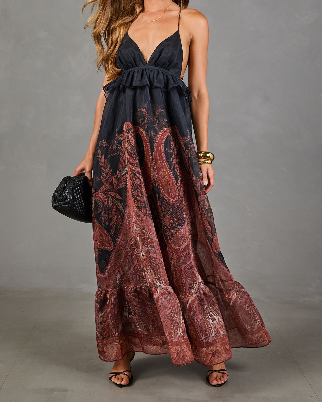 Mojave Muse Paisley Halter Neck Peplum Waist Maxi Dress
