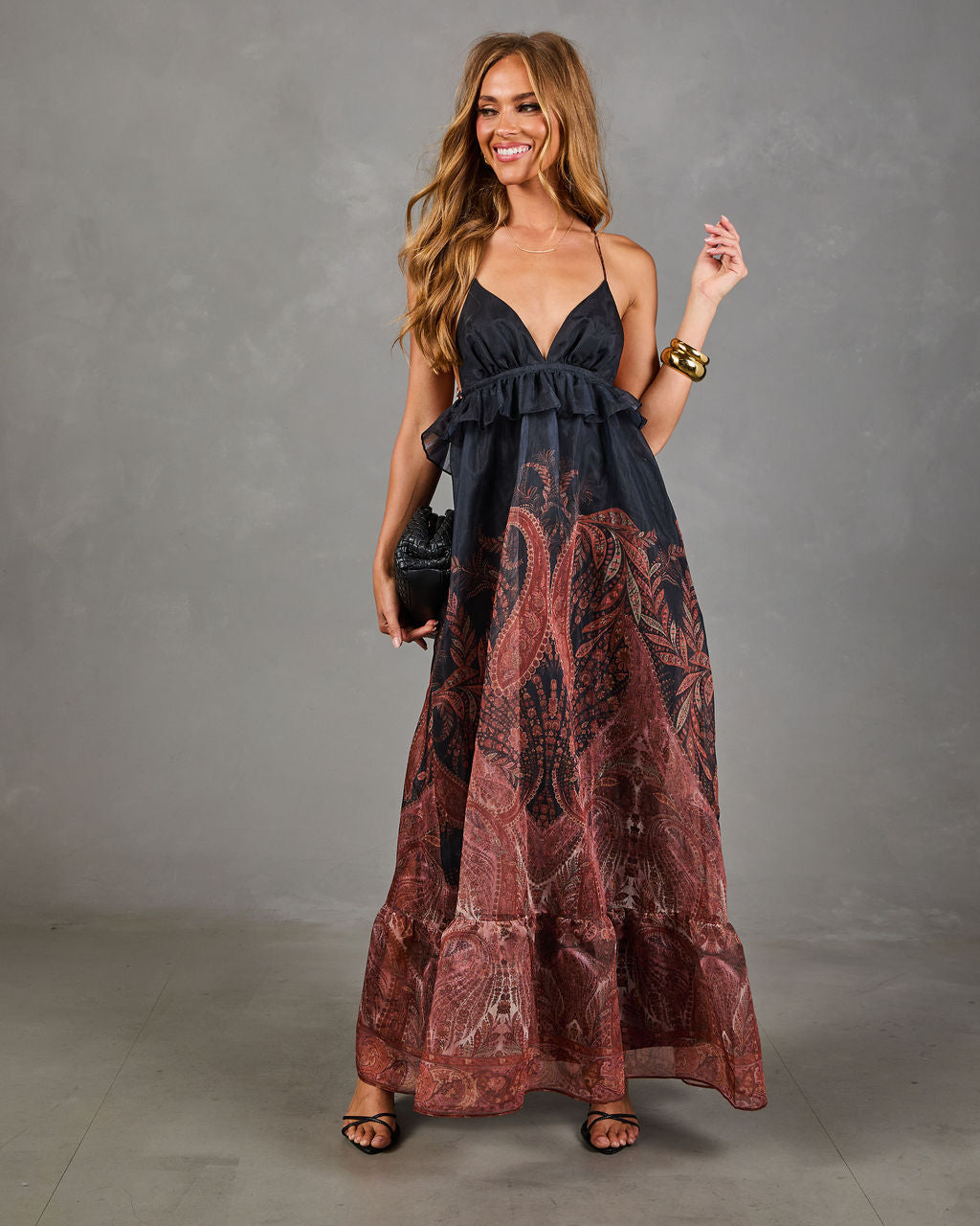 Mojave Muse Paisley Halter Neck Peplum Waist Maxi Dress