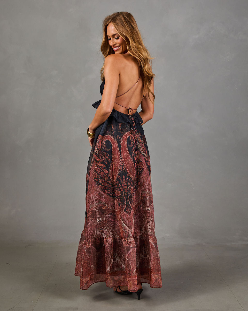 Mojave Muse Paisley Halter Neck Peplum Waist Maxi Dress