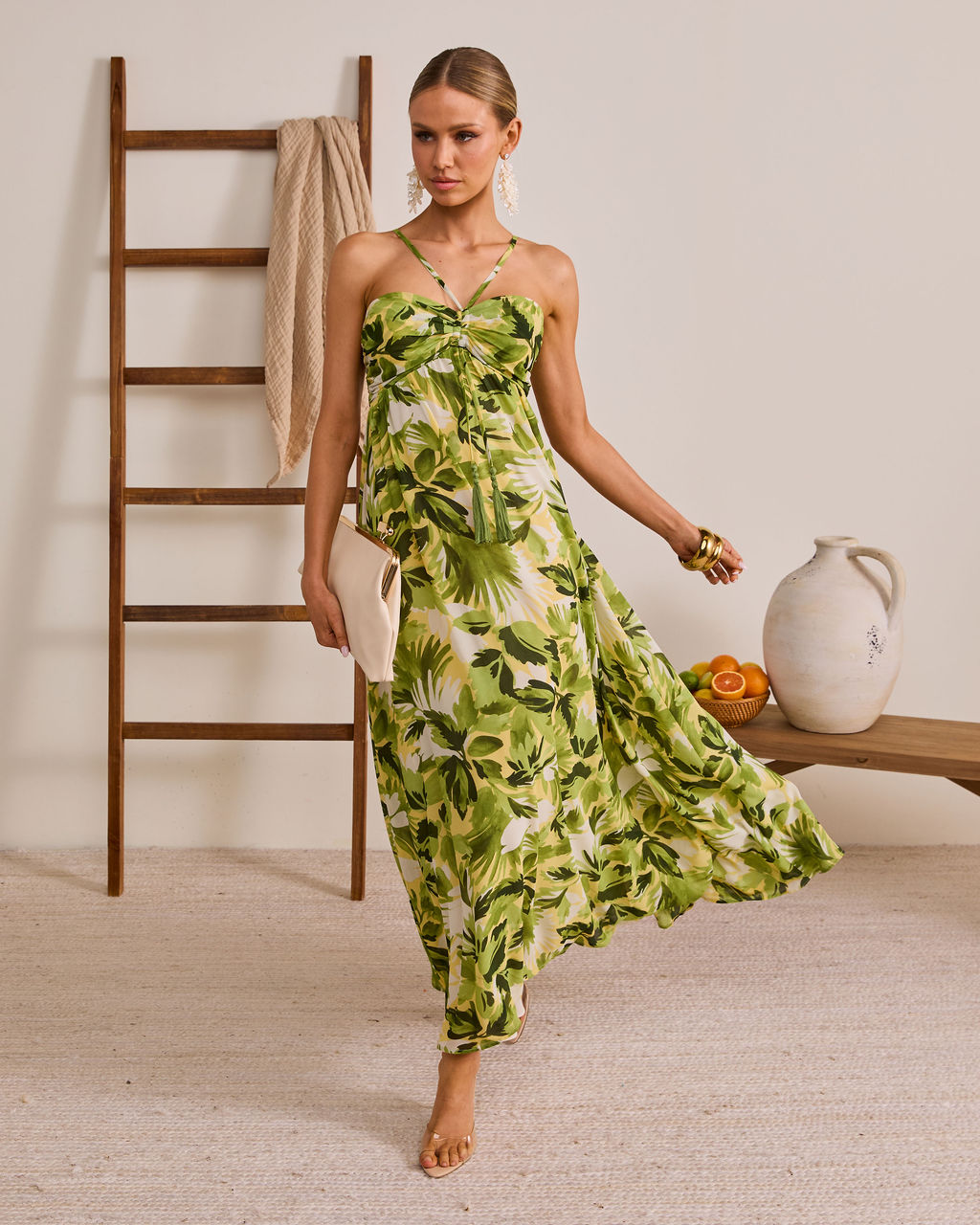 Palmline Coast Tropical Halter Maxi Dress