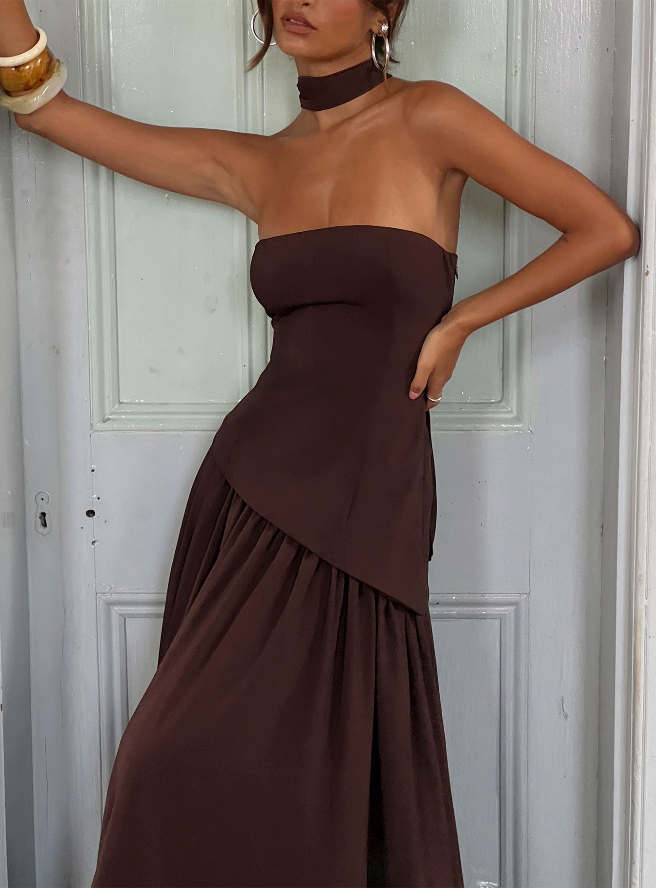 Odela Strapless Scarf Drop Waist Maxi Dress Chocolate