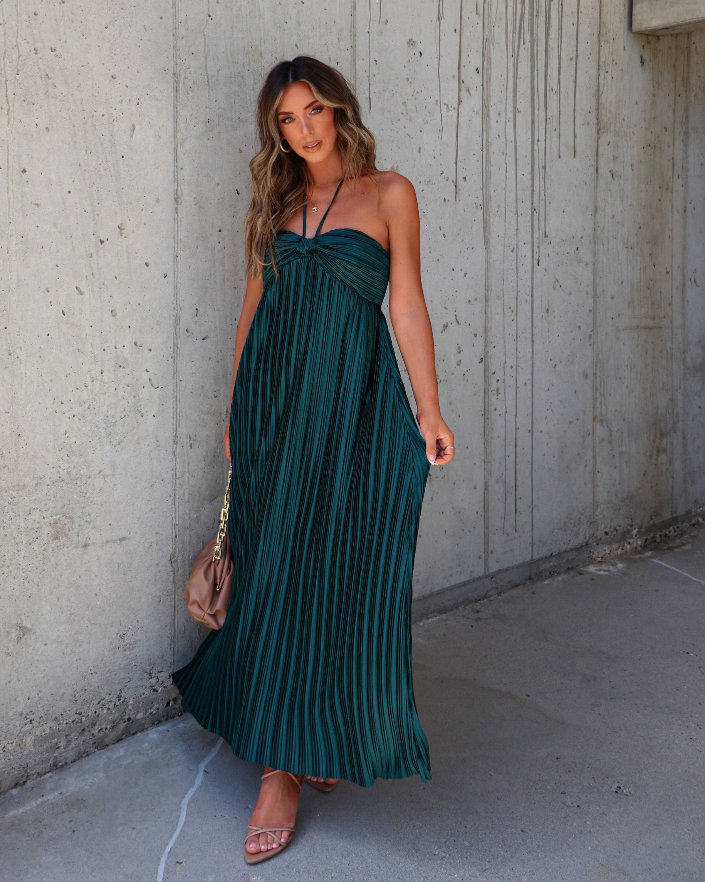 Raise A Toast Satin Plisse Halter Maxi Dress