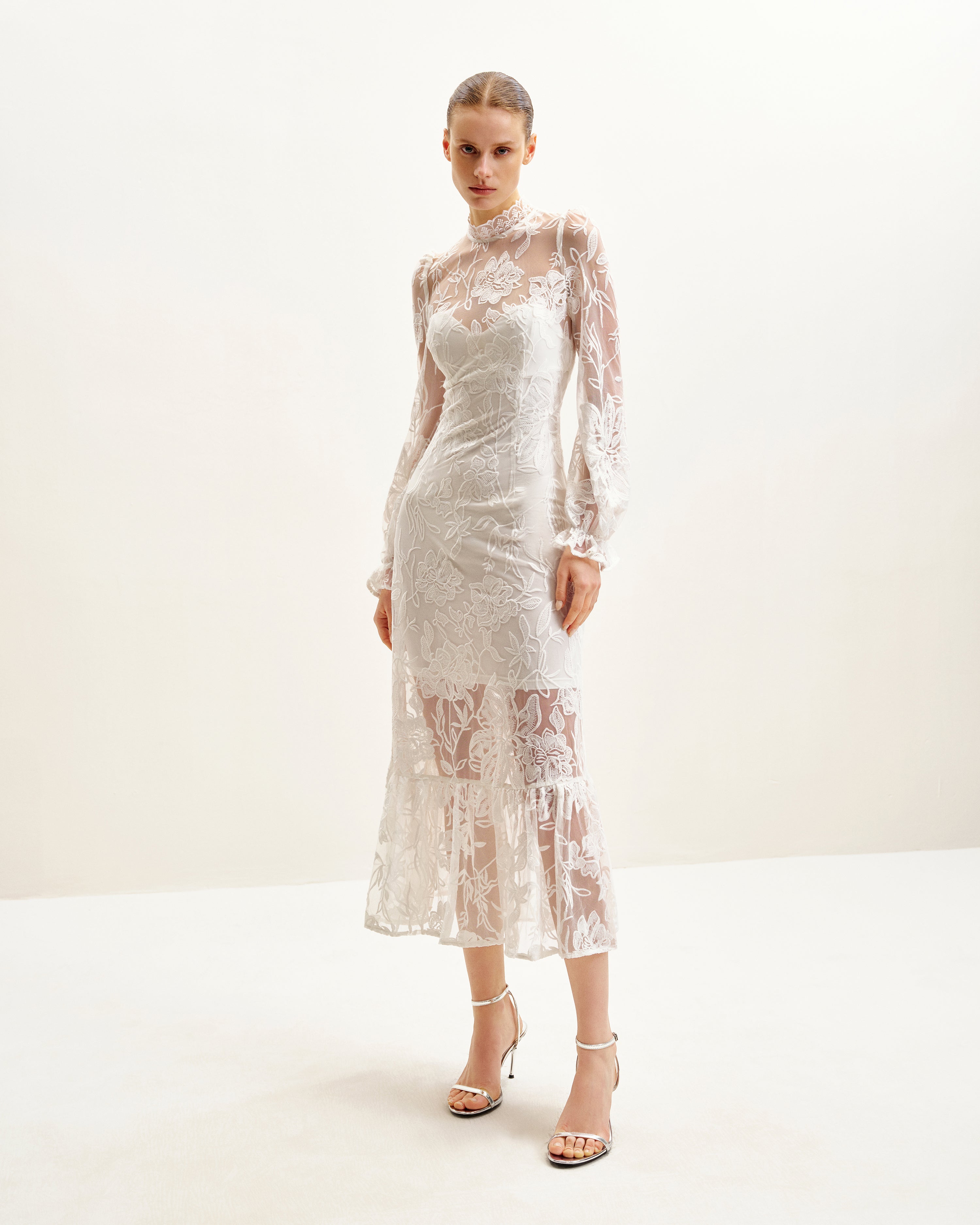 Elegant Lace Midi Dress - White