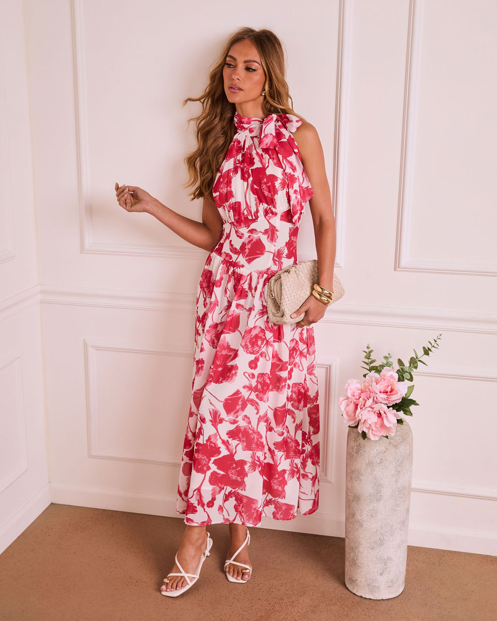 Marlisse Pleated Floral Halter Neck Maxi Dress