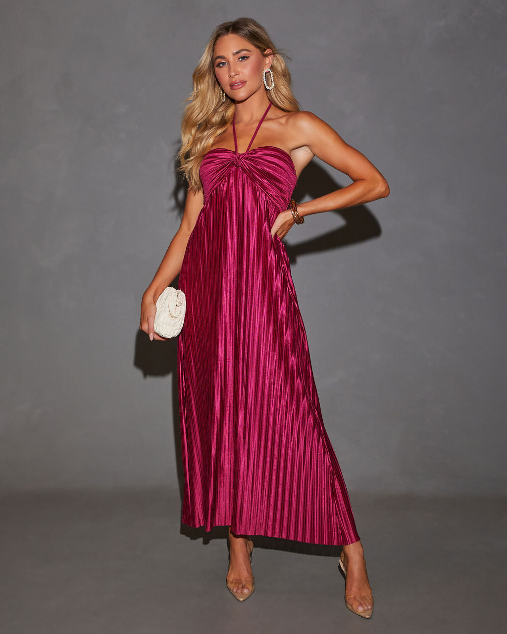 Raise A Toast Satin Plisse Halter Maxi Dress