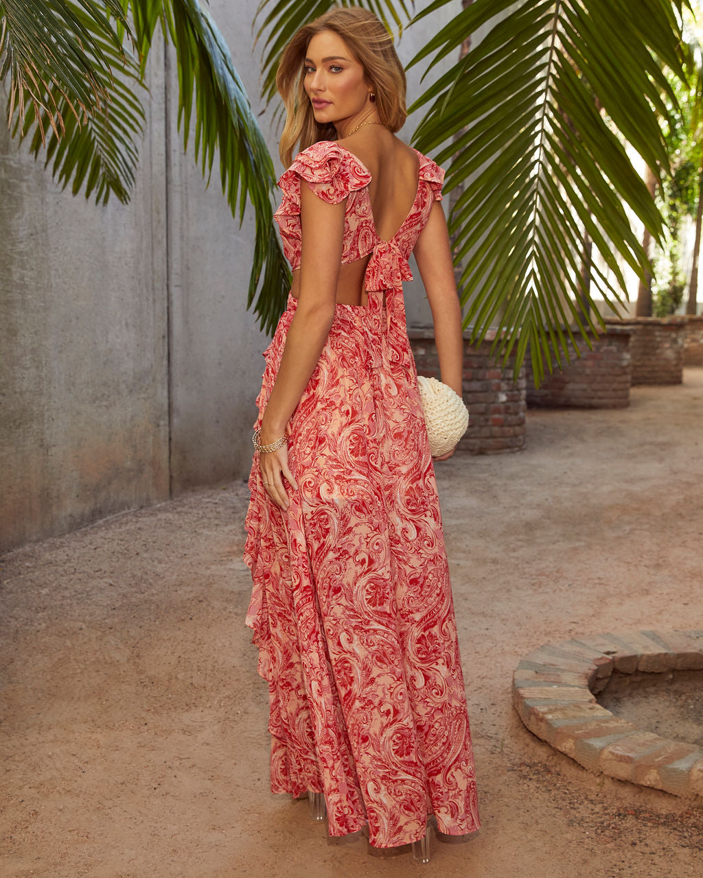 Soleil Printed Cutout Ruffle Maxi Dress