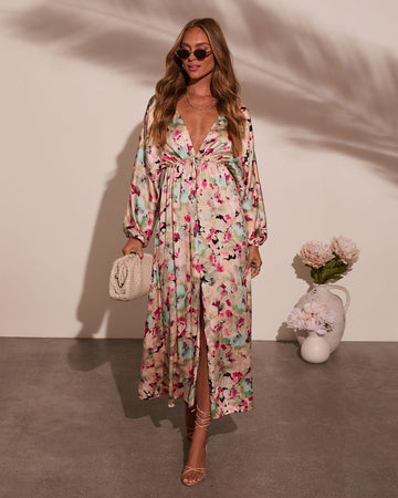 Korina Satin Printed Kimono Empire Waist Maxi Dress