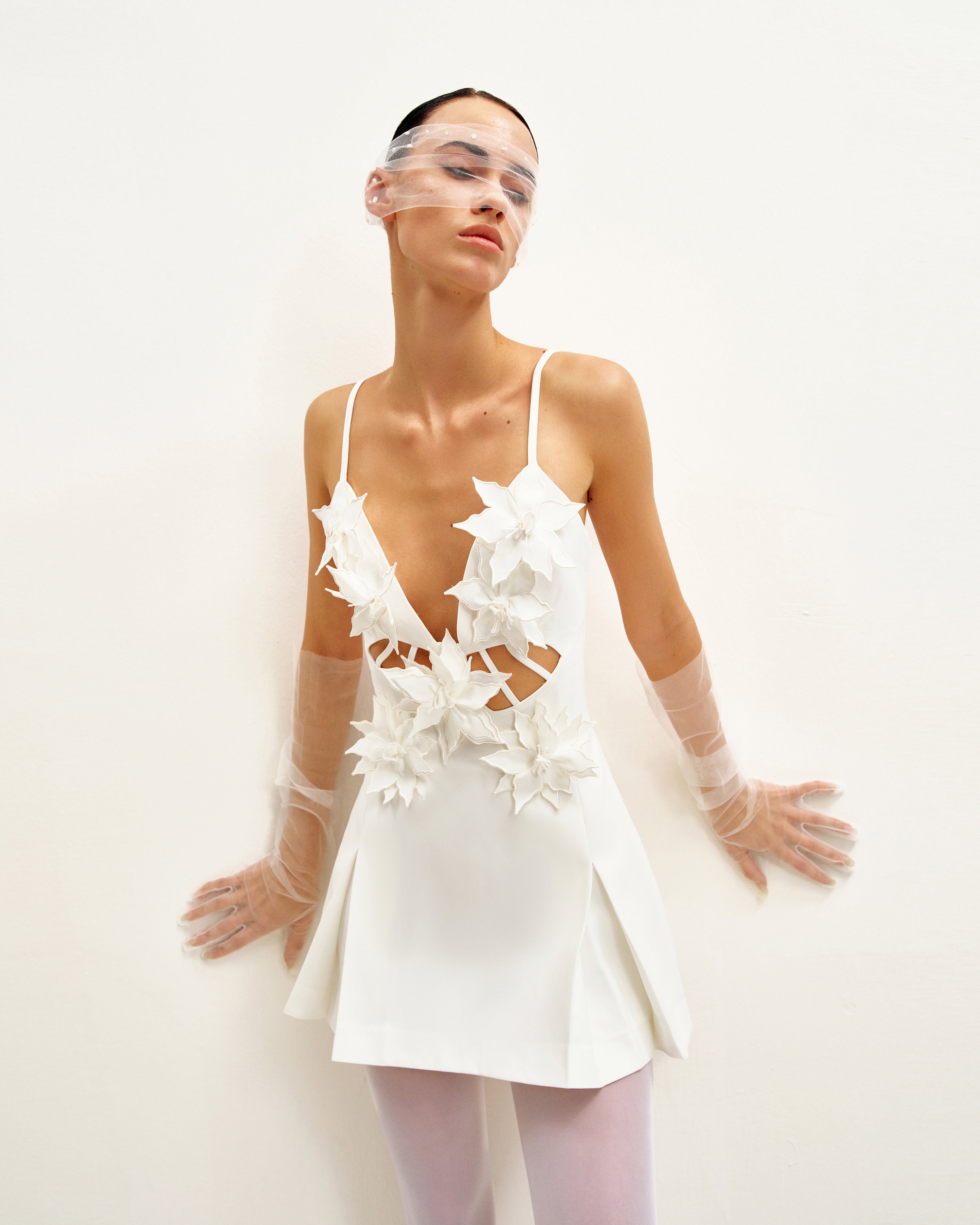 Yuliya White Floral Embellishment V-neckline Mini Dress - White