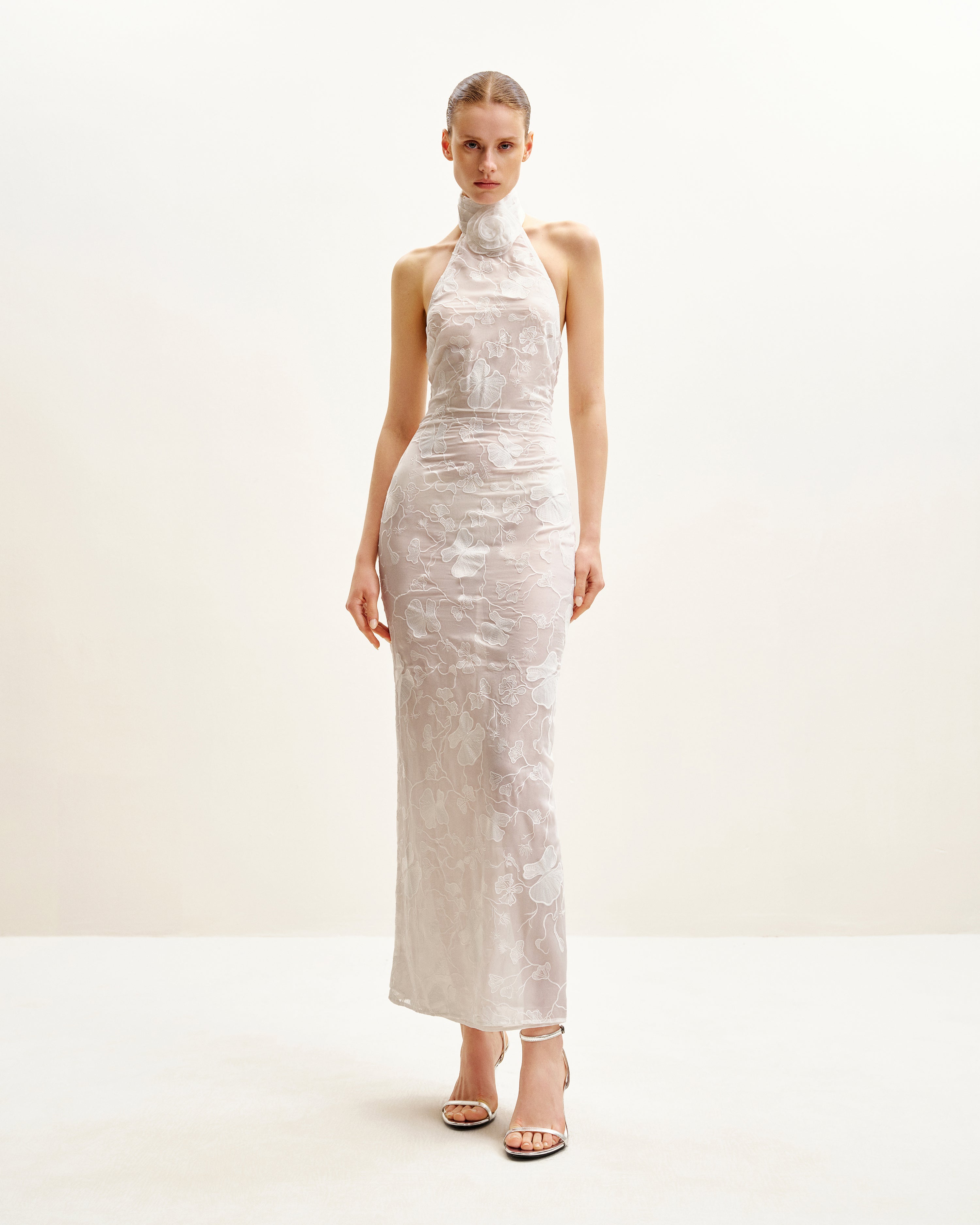 Uliana White Floral Lace Halterneck Maxi Dress - White